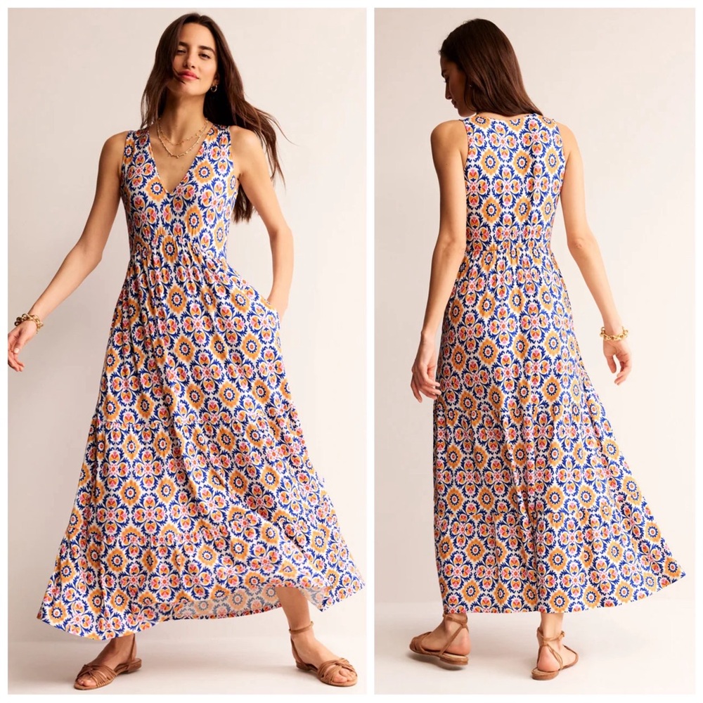 Boden Blue and Gold Tiered Maxi Sundress